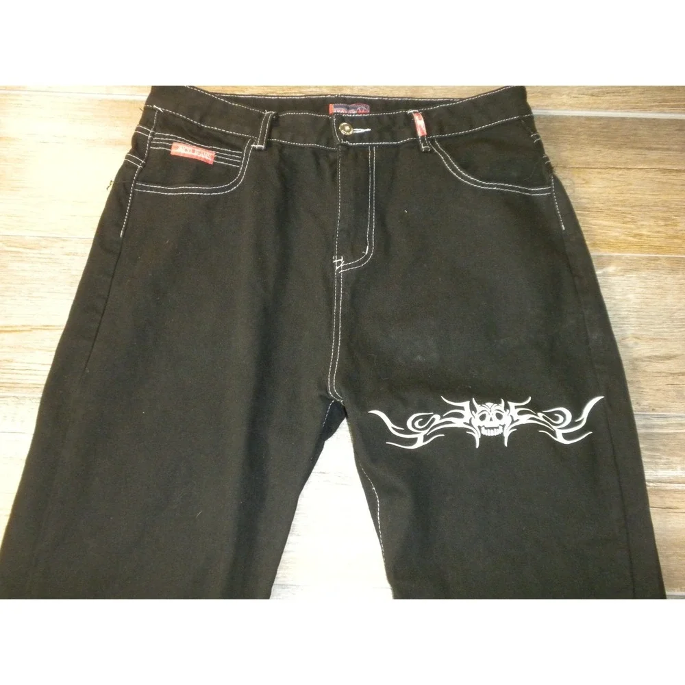 JNCO Jeans Mens XXL 34x28 Black Denim Snakebite Tribal Skull 90s Y2K Rave Skater